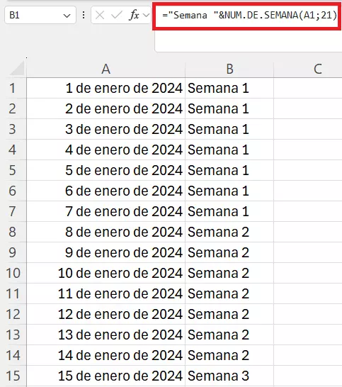 Número de semana en Excel con texto