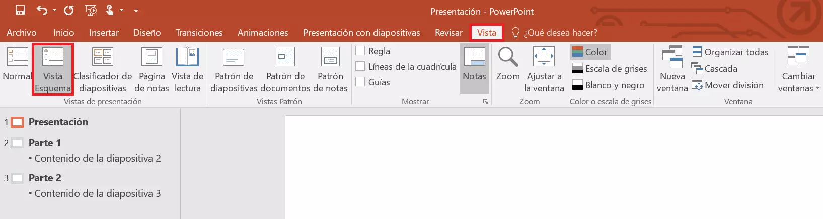 Seleccionar la vista Esquema en PowerPoint