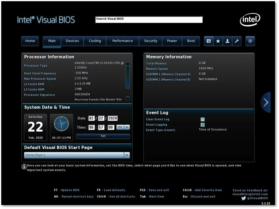 Intel Visual BIOS: pantalla principal