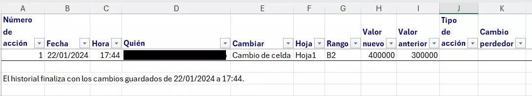 Excel: historial en hoja de cálculo independiente