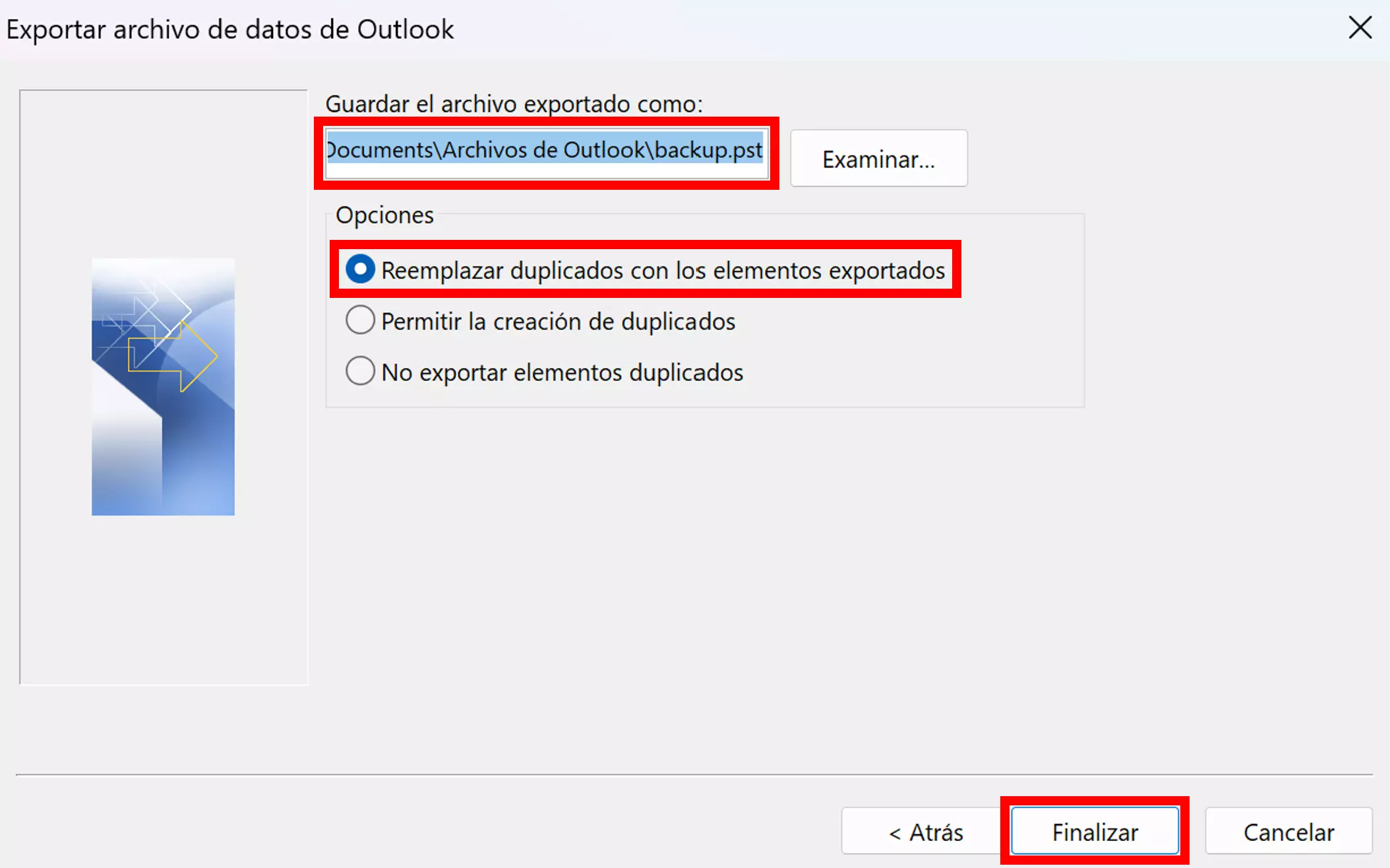 Asistente de importación y exportación de Outlook: ubicación del archivo exportado