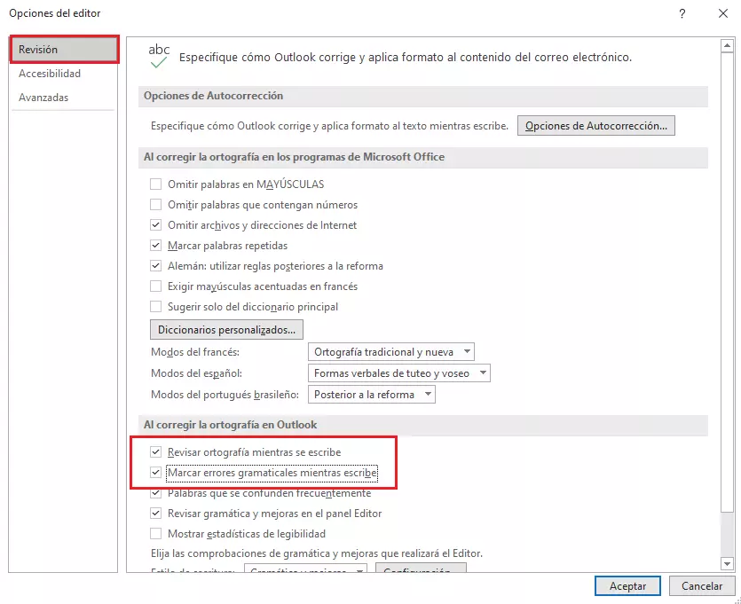 Outlook: opciones de revisión