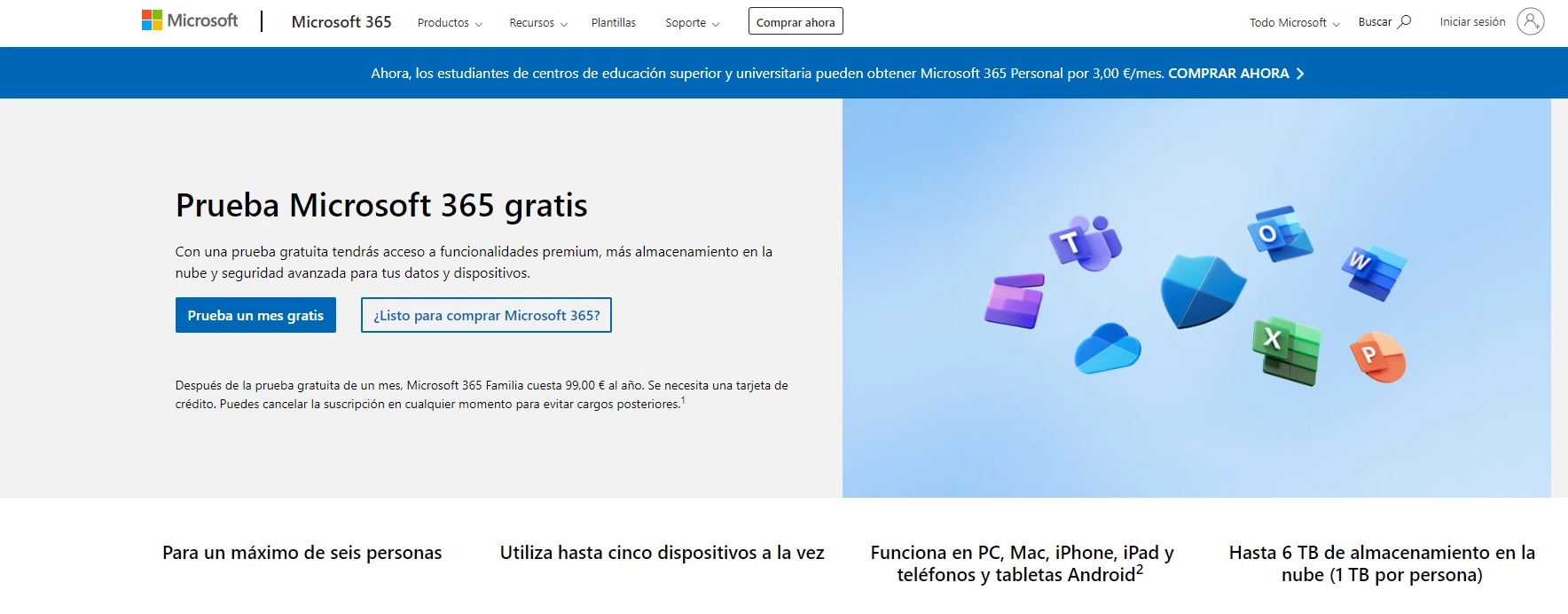 Página web de Microsoft con la versión de prueba gratuita de Microsoft 365