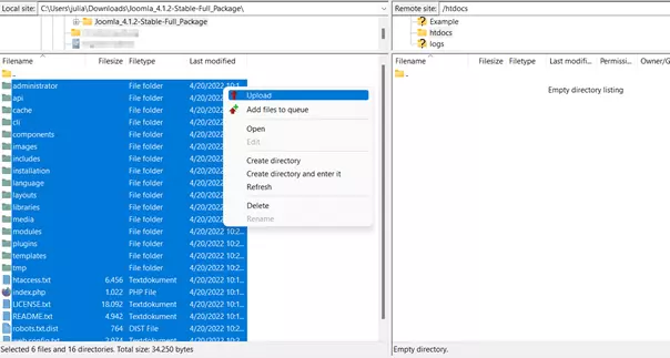 Carga de archivos de Joomla a través del cliente FileZilla