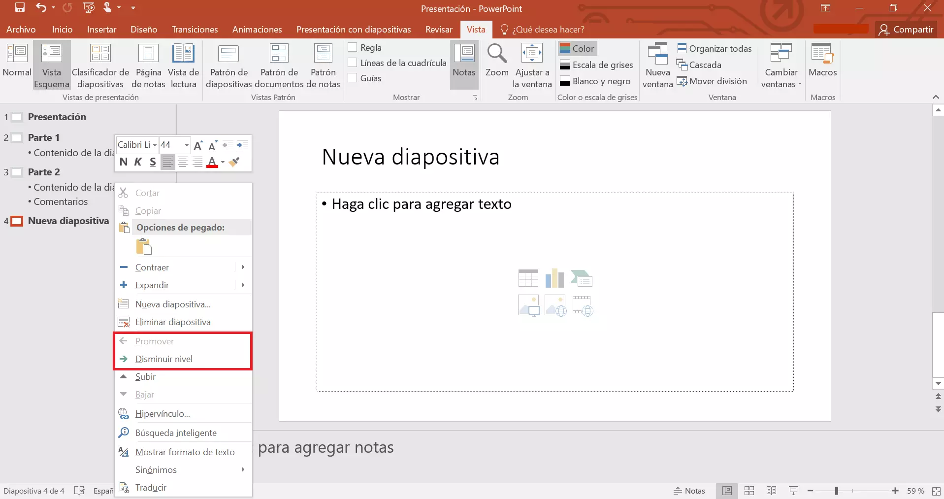 Vista Esquema en PowerPoint: cambiar jerarquía