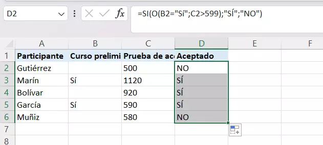 Cómo se aplica la función SI-O a todas las celdas del rango