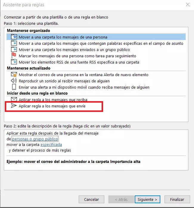 Asistente para reglas: aplicar regla solo en los mensajes enviados