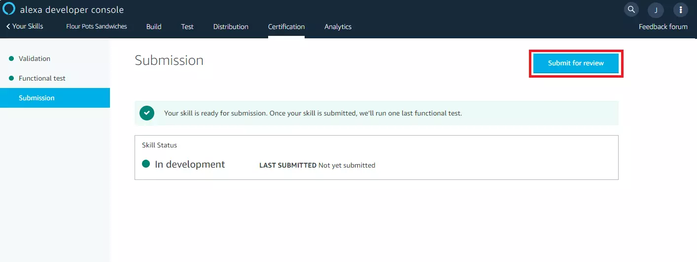 Alexa Developer Console: “Submission”