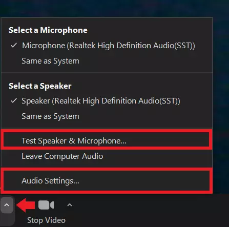 Haz clic en la flecha situada junto al icono del micrófono para abrir la configuración de audio