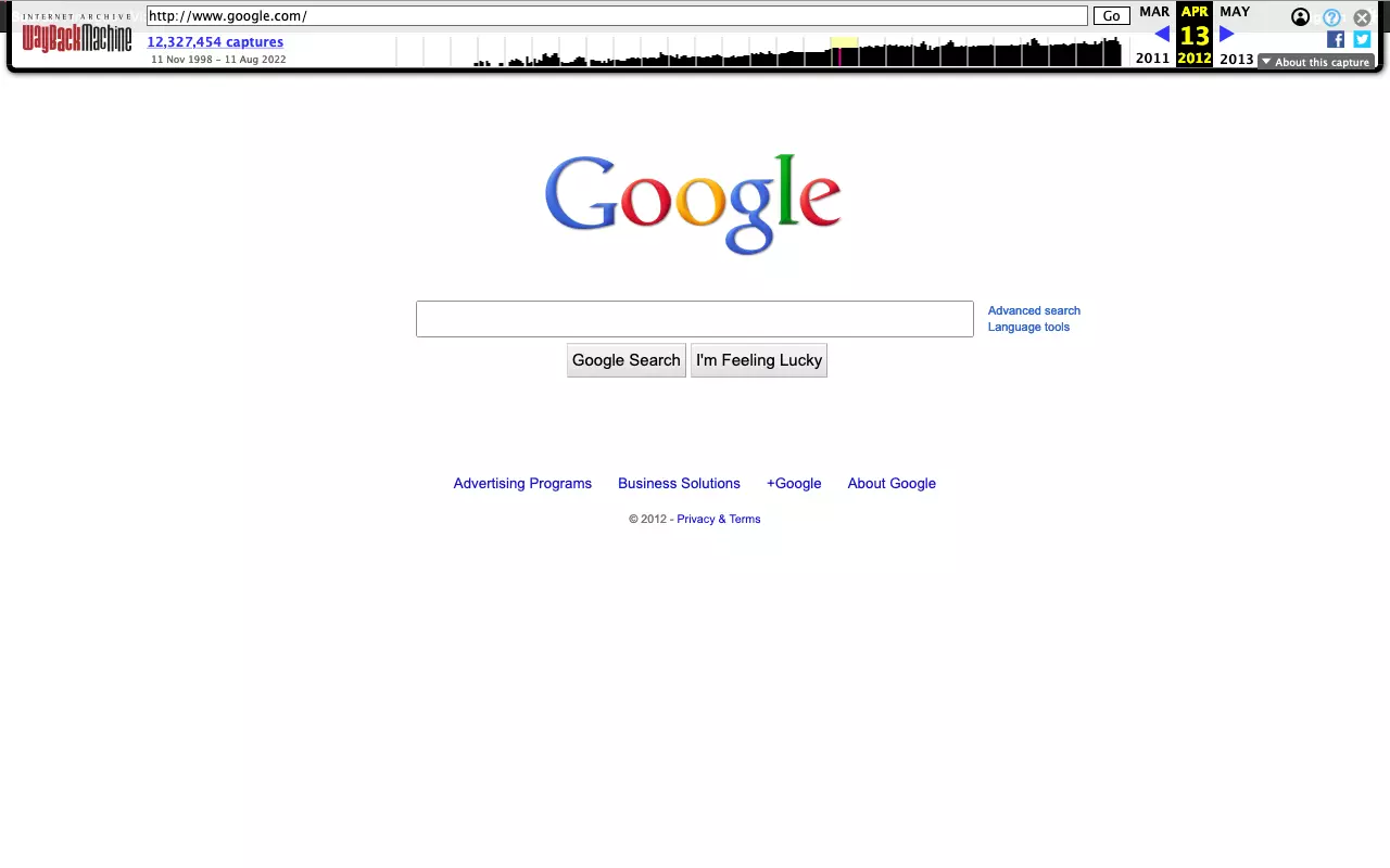 Versión archivada de la página de inicio de Google en 2012