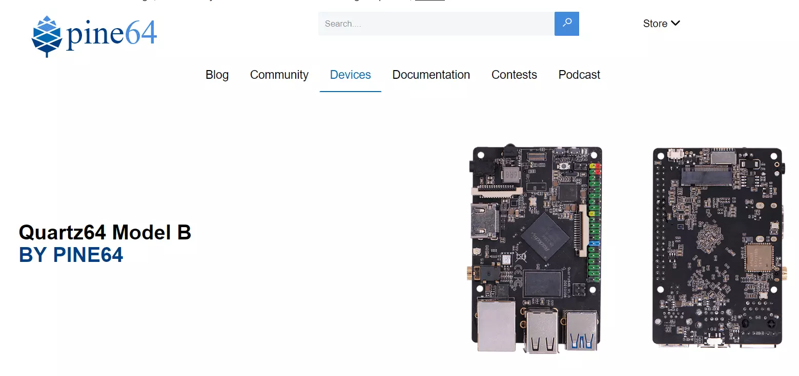 Captura de pantalla del Quartz64 Modelo B de la página de producto de Pine64