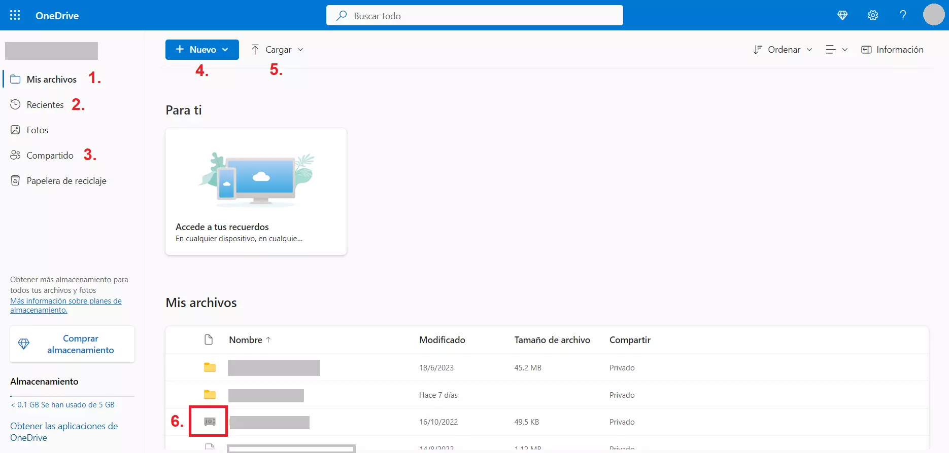 Captura de pantalla del menú de OneDrive con una cuenta de Microsoft