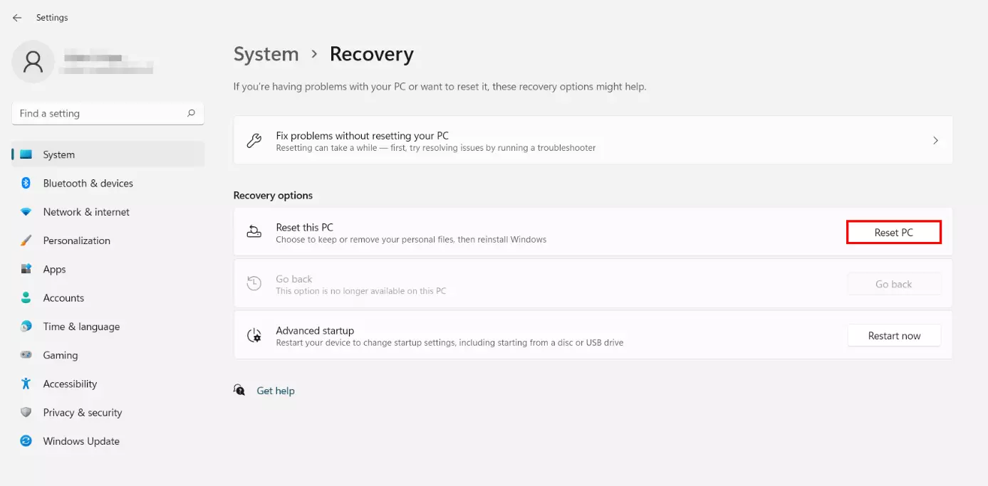 Configuración del sistema de Windows 11 con el menú “Recuperación”