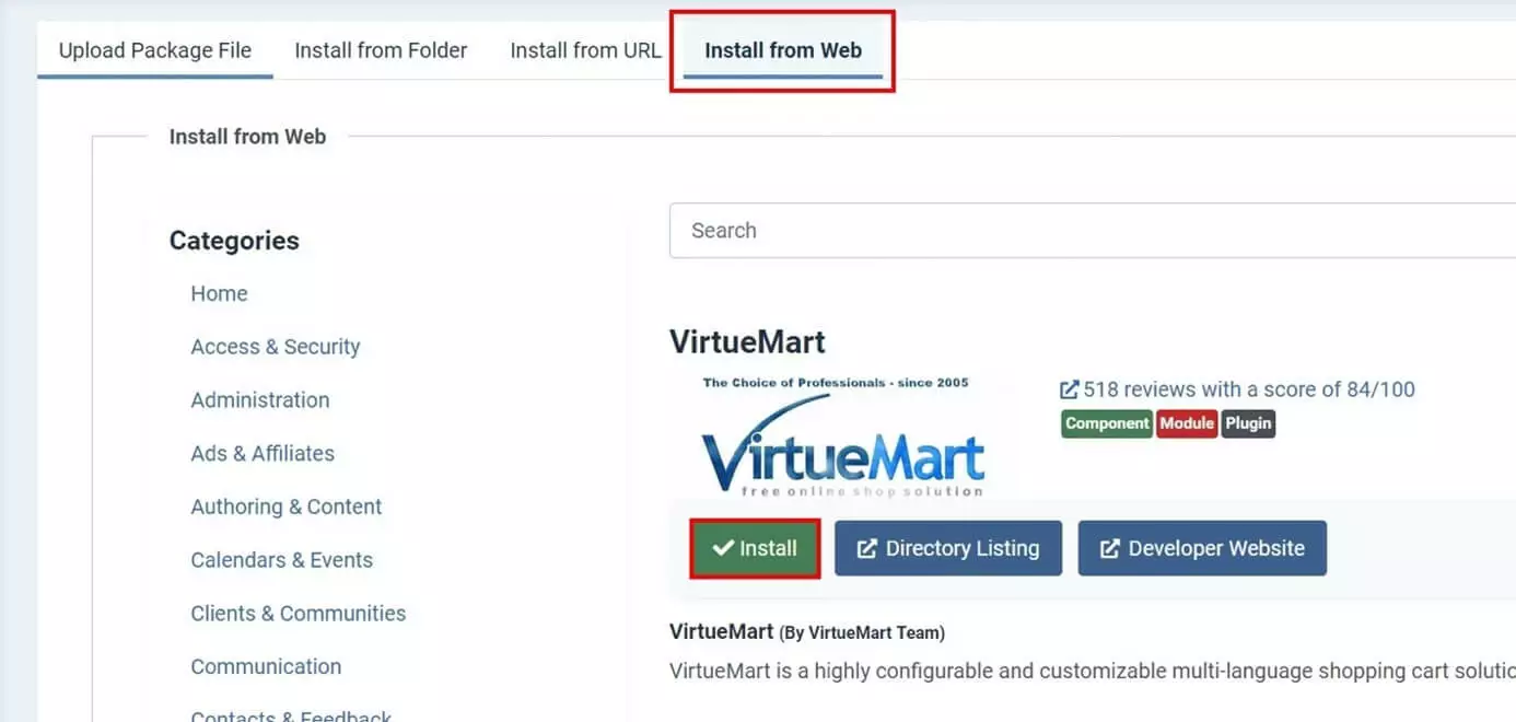 Instalar el plugin de tienda de Joomla “VirtueMart” desde el catálogo web