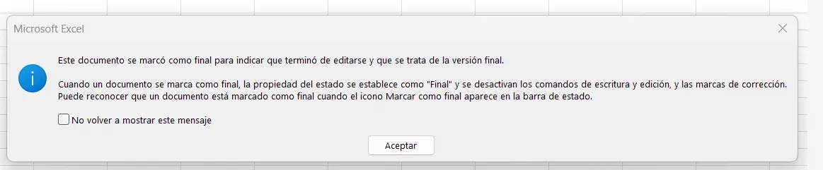 Aviso de que el documento Excel se ha marcado como final