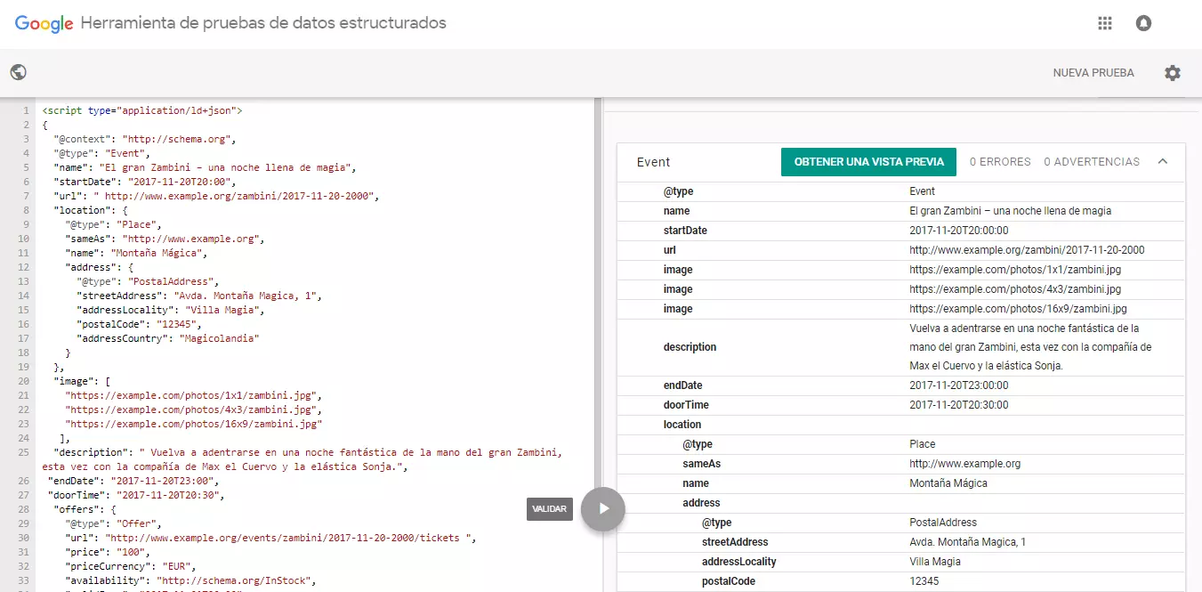 Google Structured Data Testing Tool tras la validación: 0 errores encontrados