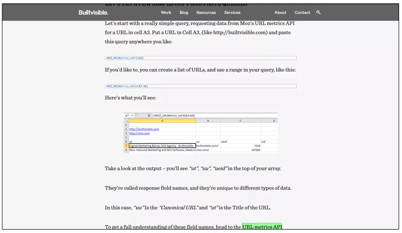 Manual de uso de Seogadget For Excel con la Moz Url Metrics API en builtvisible.com