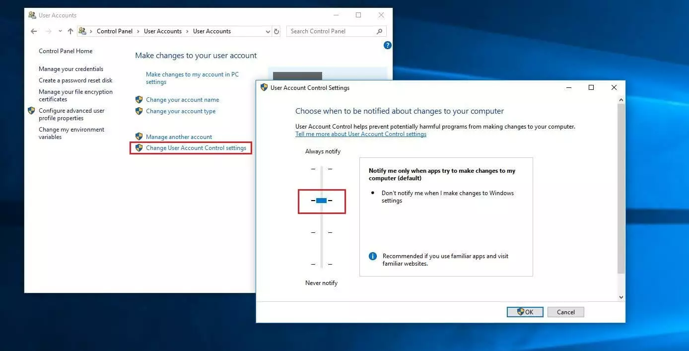 Control de cuentas de usuario en Windows 10