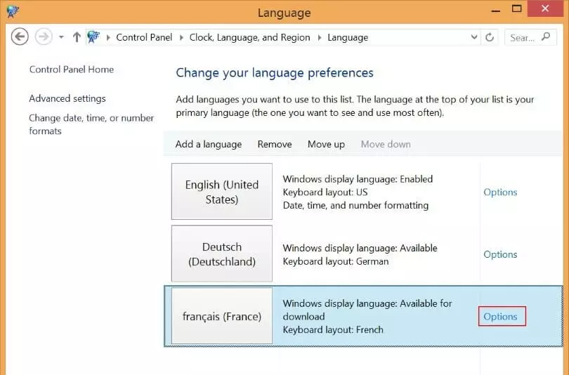 Cuadro de diálogo “Cambiar configuración de idioma”