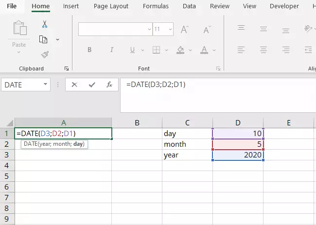 Función de Excel FECHA con referencias de celda.