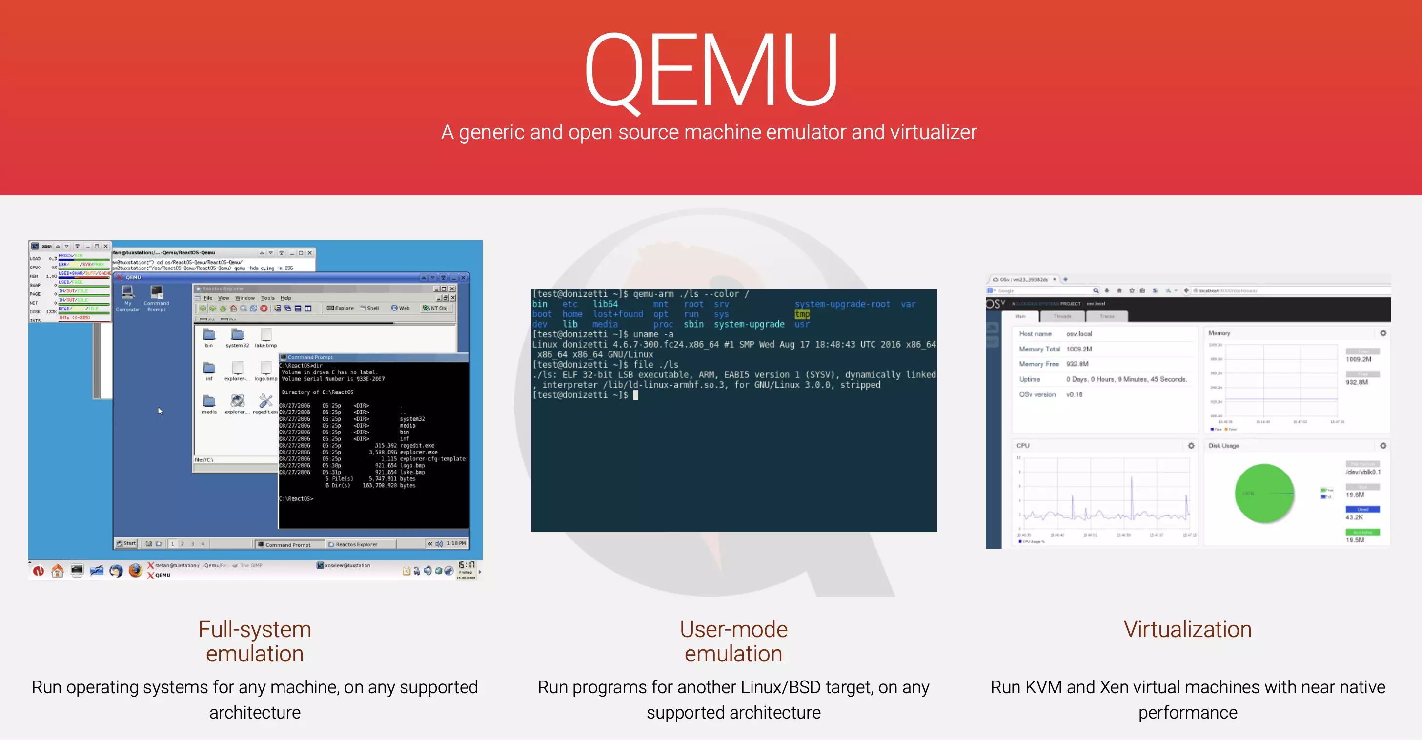 Captura de pantalla de la página web de QEMU