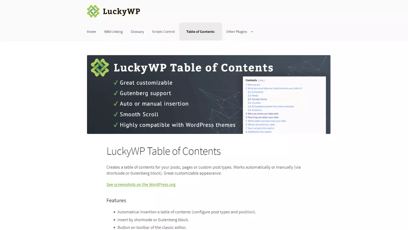 Página informativa de LuckyWP Table of Contents, en la web de su desarrollador