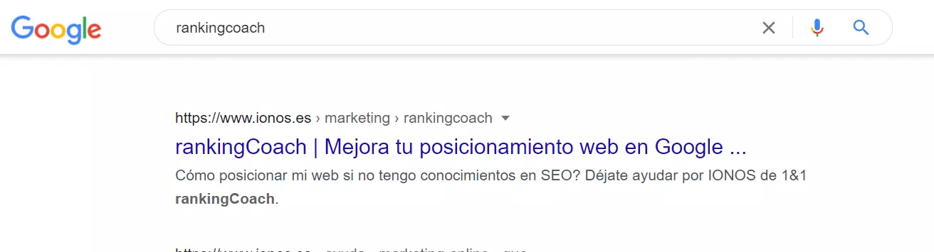 Ejemplo de los resultados Google para "rankingcoach"