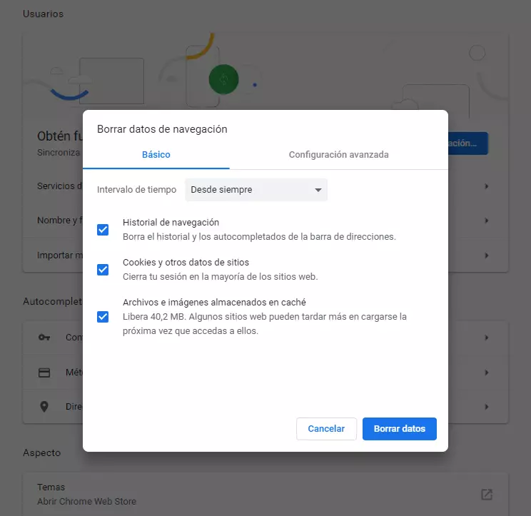 Google Chrome: menú “Borrar datos de navegación”