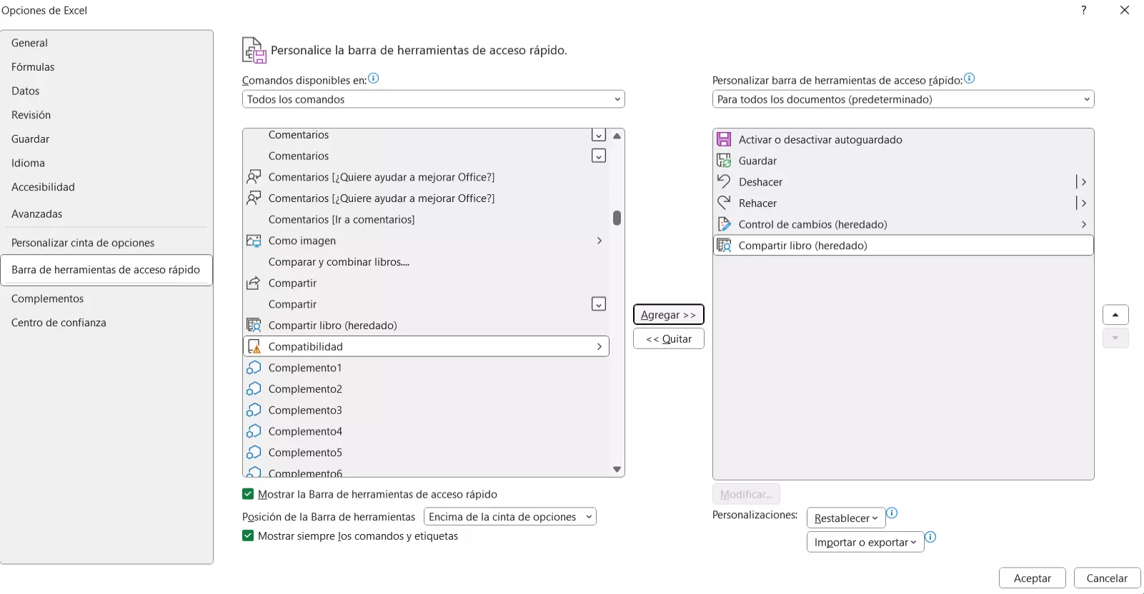 Opciones de Excel