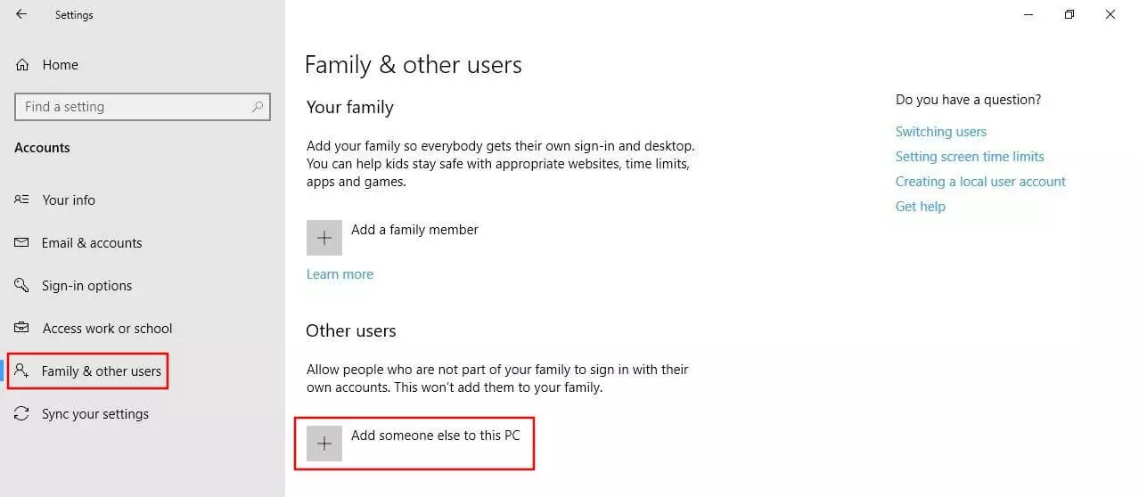 Menú de “Familia y otros usuarios” de Windows 10