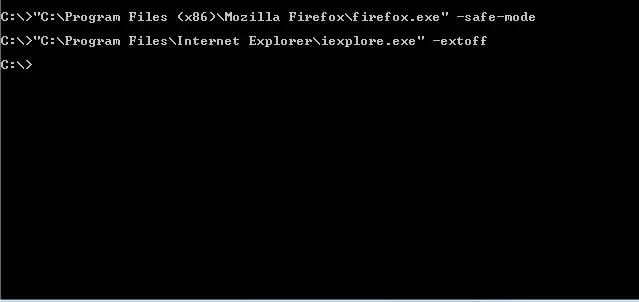 Comandos en la terminal de Windows para iniciar Firefox e Internet Explorer en modo seguro