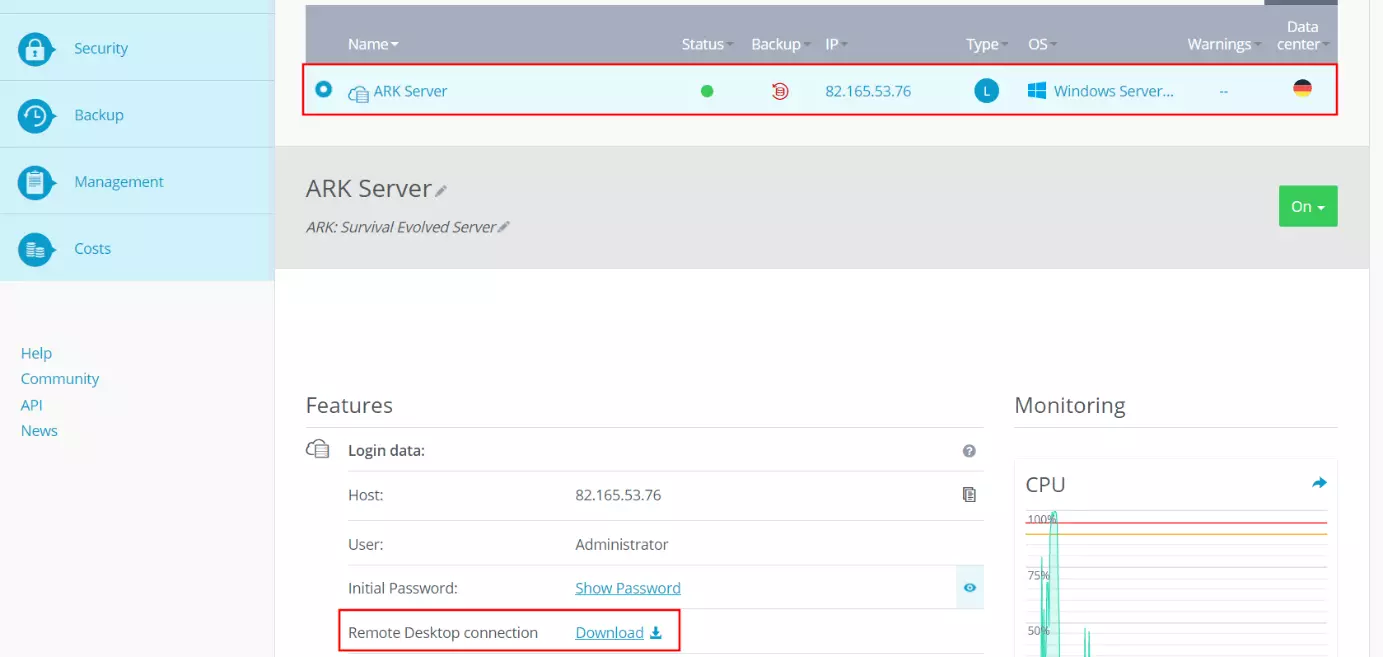 Cloud Panel de IONOS: información del servidor y datos de acceso