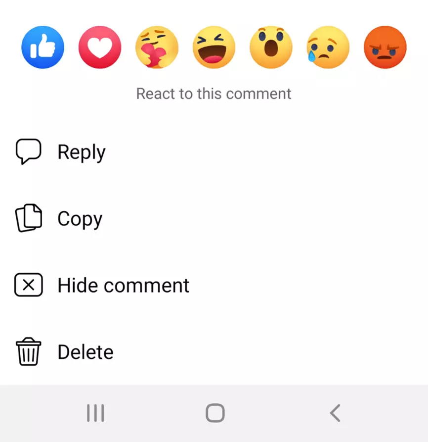 App de Facebook: menú contextual de un comentario