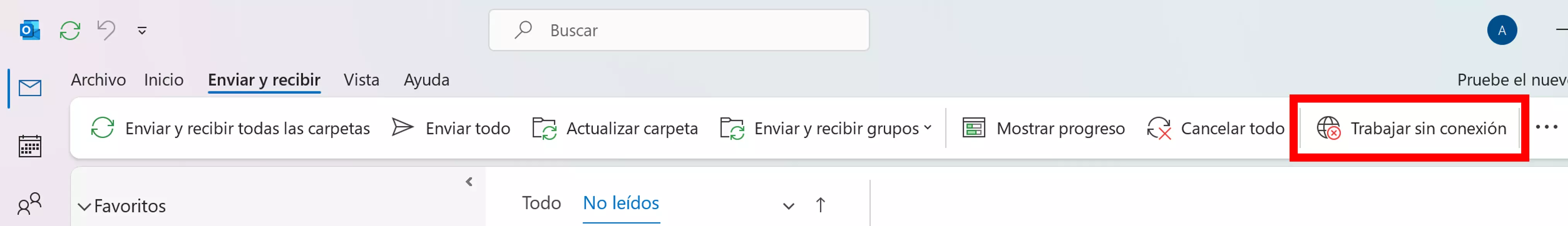 Barra de menú de Microsoft Outlook, pestaña “Enviar y recibir”