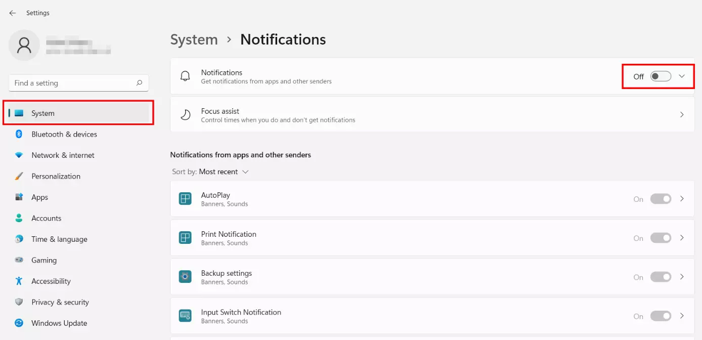 Configuración del sistema de Windows 11 con el menú para desactivar las notificaciones