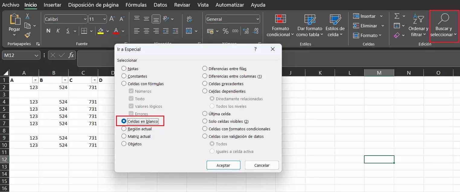 Excel: Menú de Excel para eliminar filas vacías mediante la función de búsqueda