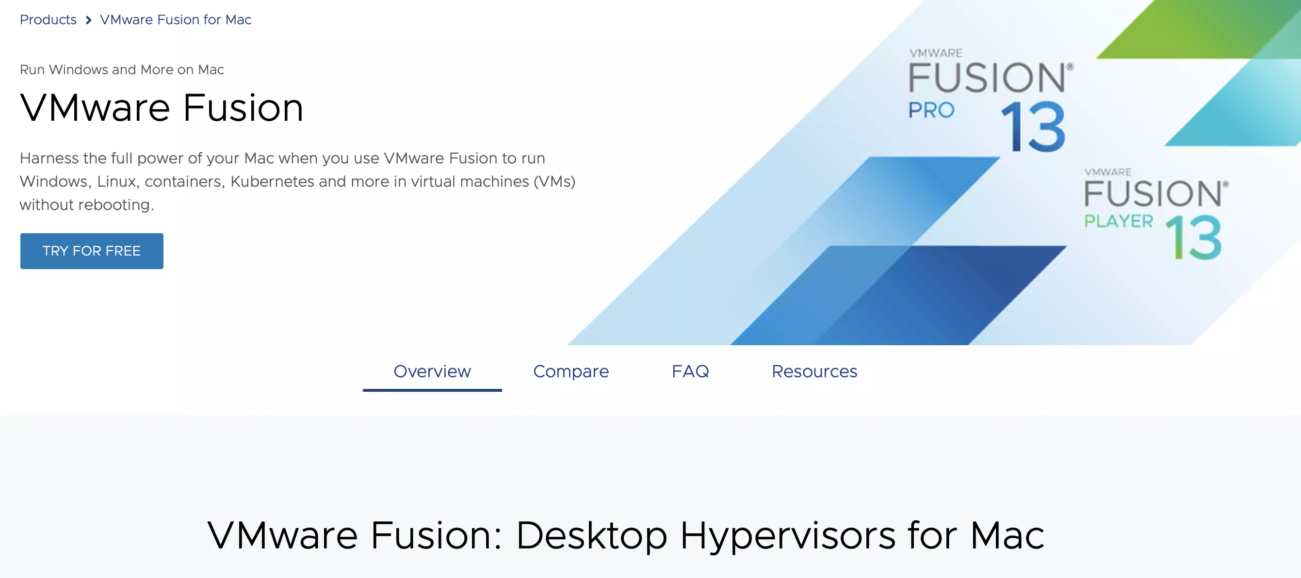 Captura de pantalla de la página web de VMware Fusion Pro