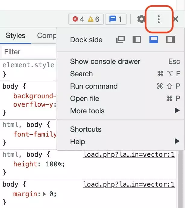 Menú de las Chrome DevTools con la opción de escoger su posición en la pantalla