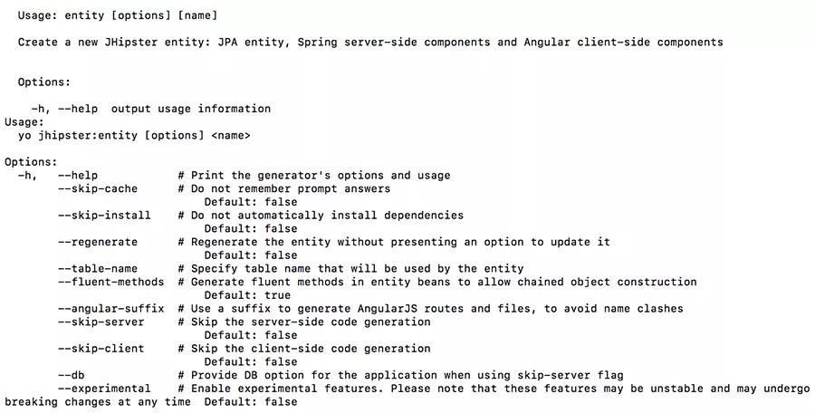 El resultado de ejecutar el comando de ayuda del subgenerador de entidades en un terminal macOS