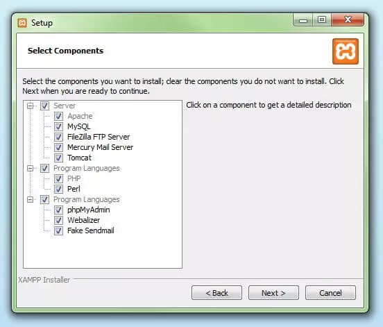 Instalar XAMPP: Selección de los componentes 