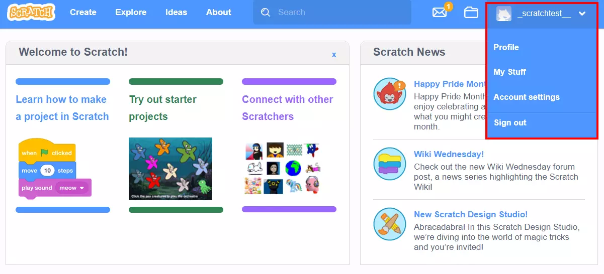 Aprender a programar con Scratch: menú rápido para gestionar tu perfil, cuenta y proyectos