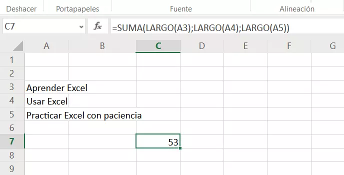 Excel: combinación de las funciones LARGO y SUMA 