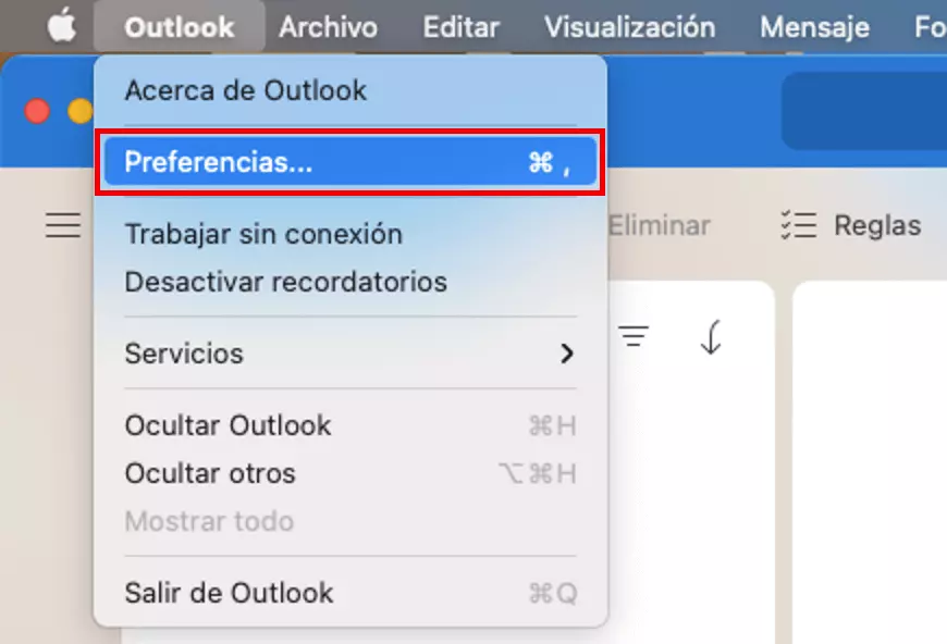 Outlook para Mac: menú desplegable con la opción de menú “Preferencias”