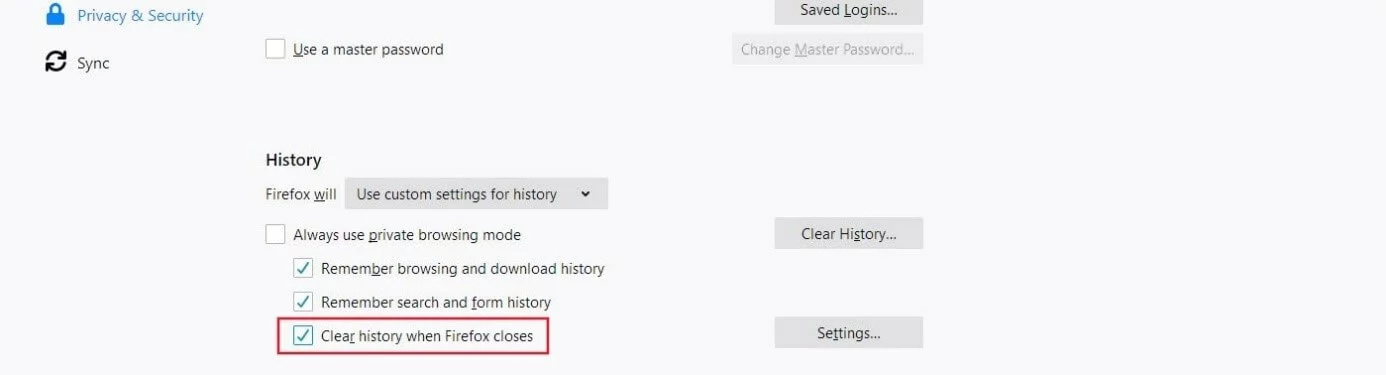 Configuración del historial de Firefox