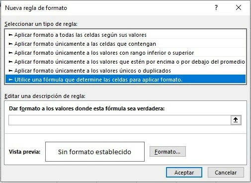 Cuadro de diálogo de Excel “Nueva regla de formato”.