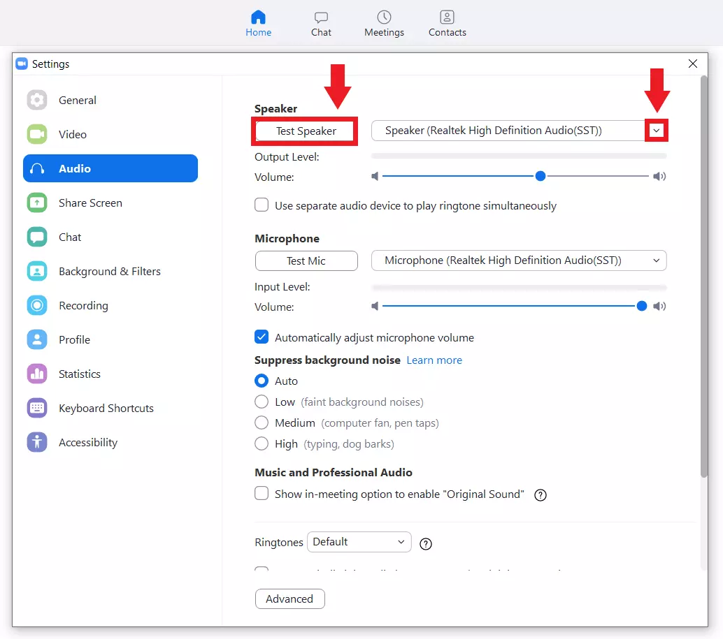 Prueba de audio en la configuración de Zoom