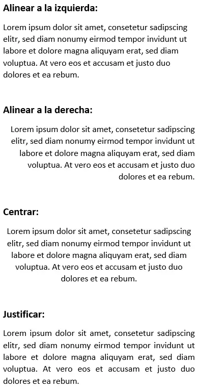 Texto de muestra con diferentes orientaciones: alineado a la izquierda, alineado a la derecha, centrado y justificado