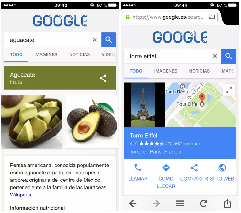 Búsqueda móvil de un aguacate y de la Torre Eiffel