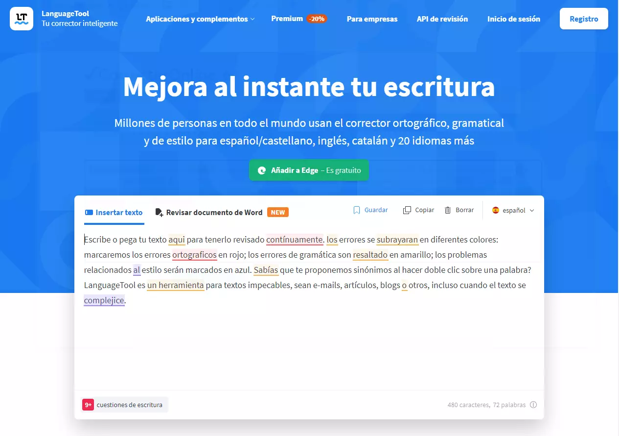 La página principal del programa corrector de gramática LanguageTool