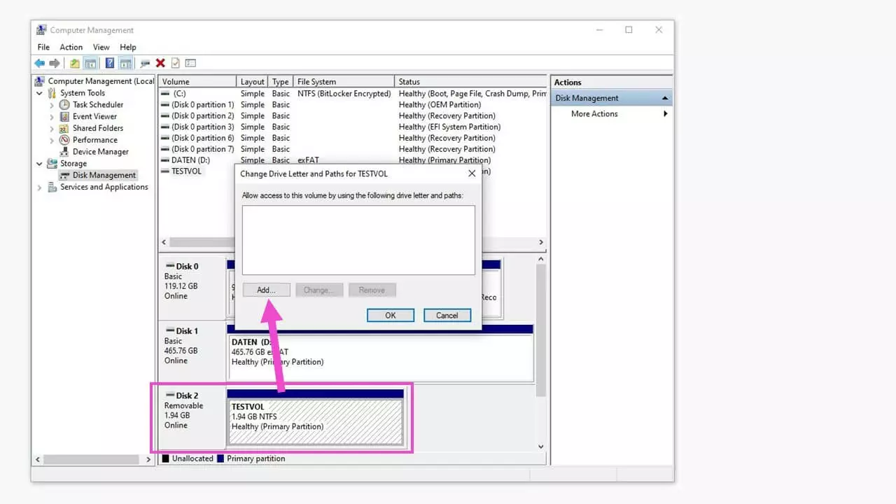 Asignación de una letra de unidad en la administración de discos de Windows 